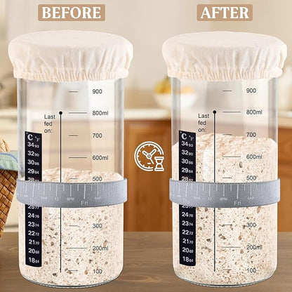 Sourdough Starter Jar, 1000ML Sourdough Starter Kit with Date Marked Feeding Band, Thermometer, Cloth Cover & Metal Lid, Reusable Sourdough Bread Baking Supplies, Home Baking Supplies