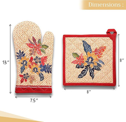 Maison d' Hermine 100% Cotton Oven Mitt & Pot Holder Set (7.5"x13" & 8"x8") Heat Resistant BBQ Cooking Gloves with Loop, Baking, Grilling, Kitchen, Handling Hot Pans (Kalahari)