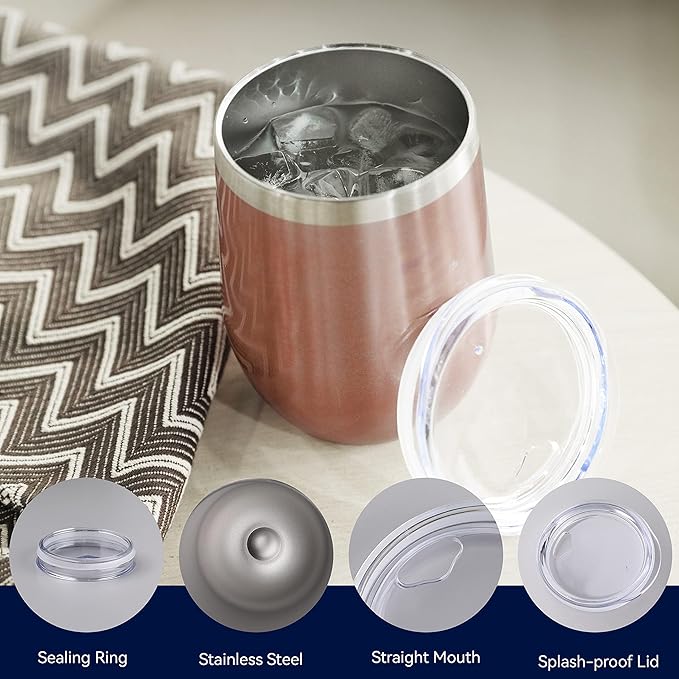 DOMICARE Stainless Steel Wine Tumbler Bulk with Lid, 12oz Travel Coffee Cups, Personalized Rose Gold Insulated Tumblers Set, Pack of 1