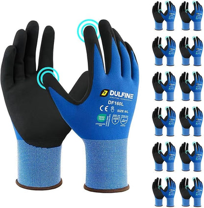 Safety Work Gloves MicroFoam Nitrile Coated-12 Pairs Pack,Blue Seamless Knit Nylon Glove with Black Micro-Foam Nitrile Grip,Ideal for General Purpose,Automotive,Home Improvement,Painting(Small)