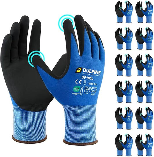 Safety Work Gloves MicroFoam Nitrile Coated-12 Pairs Pack,Blue Seamless Knit Nylon Glove with Black Micro-Foam Nitrile Grip,Ideal for General Purpose,Automotive,Home Improvement,Painting(XX-Large)