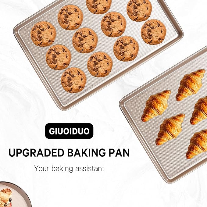 Baking Sheet Pan Set of 2, Cookie Sheets for Oven, Nonstick Half/Quarter/Jelly Roll Pans with Diamond Texture Pattern, 0.8mm Thick Heavy Duty Cookie Tray, Champagne Gold（17.5 * 11.8 * 1inch）