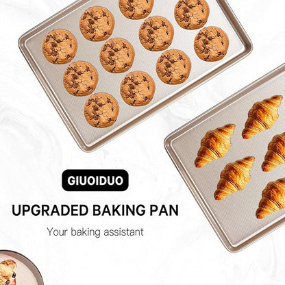 Baking Sheet Pan Set of 2, Cookie Sheets for Oven, Nonstick Half/Quarter/Jelly Roll Pans with Diamond Texture Pattern, 0.8mm Thick Heavy Duty Cookie Tray, Champagne Gold（17.5 * 11.8 * 1inch）