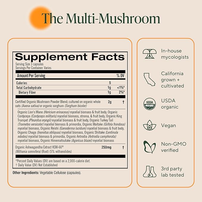 Om Master Blend Mushroom Capsules - Organic Mushroom Supplement with 10 Mushrooms and Ashwagandha – Support Immunity, Gut Health & Stress Relief, 168 Count (56 Servings)