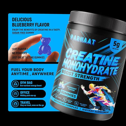 Creatine Monohydrate Gummies 5g for Men & Women - Boost Focus,Strength, and Endurance, Anti-Melting Formula, Vegan, Gluten-Free, Non-GMO, 2.5 Gram Creatine per Gummy (Blueberry 90 ct)