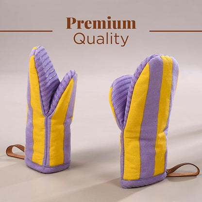 Folkulture Mini Oven Mitts Heat Resistant | (5.75x9) Set of 2 Purple Short Oven Mitts with Hanging Loop | 100% Cotton Oven Gloves or Kitchen Mittens | Small Oven Mitt Set or Yellow Silicone Oven Mit