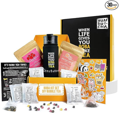 YUMBUCHA Boba Kit Set - DIY Bubble Tea - 20 Drinks - Reusable Stainless Steel Flask & Straw, Brown Sugar Tapioca Pearls - Exquisite Loose Leaf Teabags - Strawberry Oolong and White Peach Oolong Tea