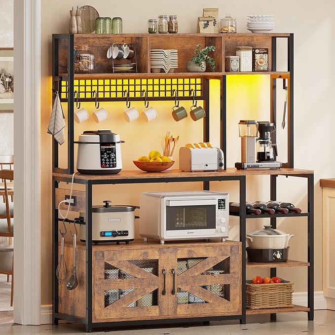 Itaar 47.2 Inch Bakers Rack with Power Outlet, Microwave Stand with Storage, Farmhouse Coffee Bar Cabinet Station with Wine Rack, Iron Grid and 8-S Hooks (Rustic Brown)