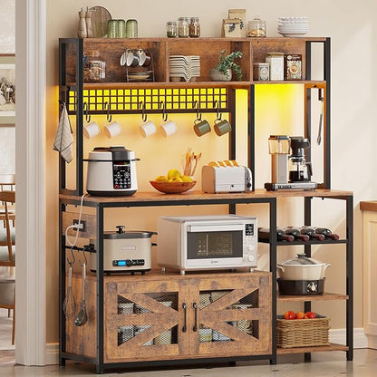 Itaar 47.2 Inch Bakers Rack with Power Outlet, Microwave Stand with Storage, Farmhouse Coffee Bar Cabinet Station with Wine Rack, Iron Grid and 8-S Hooks (Rustic Brown)