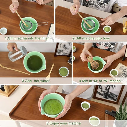 PHILORN Matcha Whisk Set 9Pcs Ceramic Matcha Kit Matcha Bowl with Spout, Whisk, Holder, Bamboo Scoop, Scoop Rest, Sifter and Tea Towe for Matcha Lover and Tea Ceremony (Cyan)