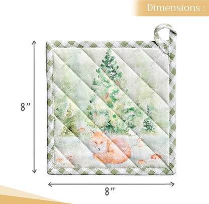 Maison d' Hermine Pot Holders Set 100% Cotton Heat Resistant Potholders 8" x 8" Hot Pads with Loop BBQ, Cooking, Baking, Grilling, Kitchen, Handling Hot Pans (Pack of 2, Winter Mornings)