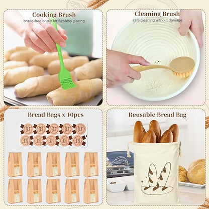 Sourdough Starter Kit, 9" Round & 10" Oval Banneton Bread Proofing Basket Set, Sourdough Starter Jar Glass, Complete Sourdough Bread Baking Supplies Making Tools Gifts for Bakers Women Mom