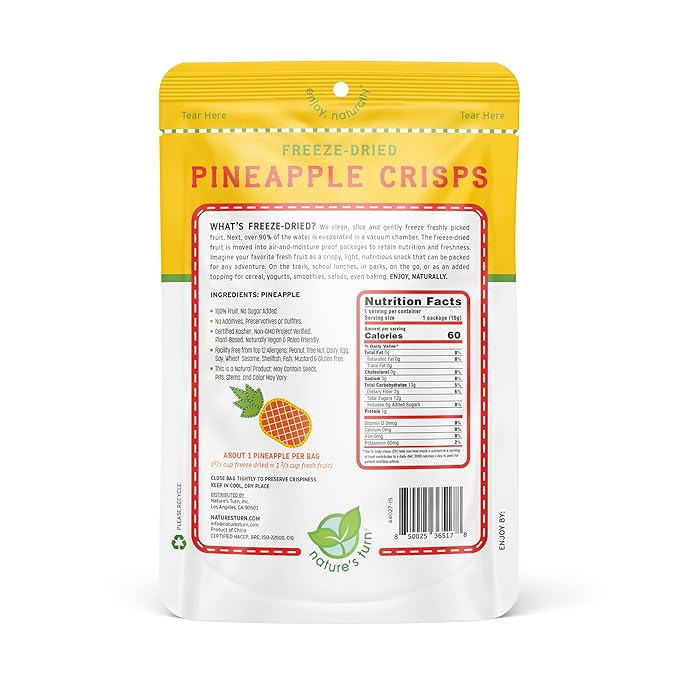 Nature’s Turn Freeze-Dried Pineapple Crisps – Healthy, Gluten-Free, Crispy & Delicious, Plant-Based Snack, Ideal for Cereal, Smoothies, School Lunches, & On-the-Go, Bags of 6 (0.53 oz Each)