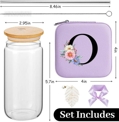 AYGXU Initial glass cups with bamboo lids,Travel Jewelry Case for Women Girls,Travel Jewelry Case Jewelry Box Organizer,coffee cups,Travel Gifts for Women Travel Essentials,Initial O purple