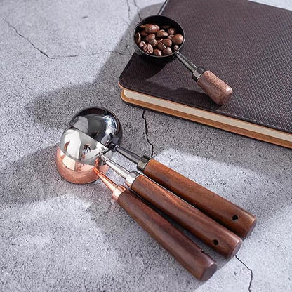 Vintage Coffee Measuring Spoon - 304 Stainless Steel, Coffee Scoop，10g Capacity, Walnut Handle - Perfect for Coffee, Tea, and More (Rose Gold（2pcs）)
