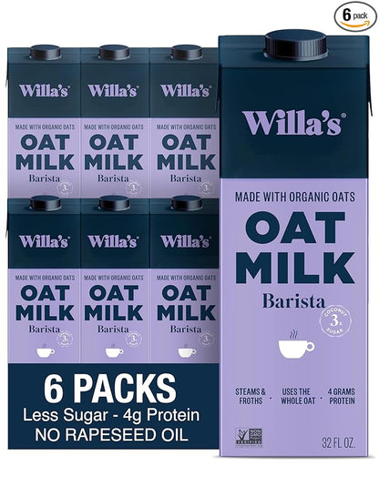 Willa's Organic Barista Oat Milk - Barista Blend Unsweetened Oatmilk and Creamer, Non-GMO, Shelf Stable, Low Sugar, Non-Dairy Milk, Made from Whole Grain Oats, For Foams and Froth, 32oz, Pack of 6