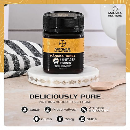 Manuka Hunters UMF 26+/MGO 1280+ Certified New Zealand Manuka Honey - 100% Pure Natural Sweetener - Gluten, Dairy Free - Ideal for Tea, Coffee, Smoothies, and Baking - Sustainable - 8.8oz/250g Jar