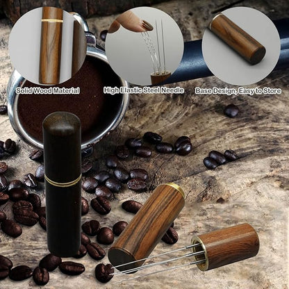 2 Pcs Espresso Distribution Tool, Espresso Stirrer Tool with Natural Wood Handle and Base, 5 Needles Espresso Coffee Stirrers Espresso Needle Distributor for Home Kitchen Cafe (Walnut and Rosewood)