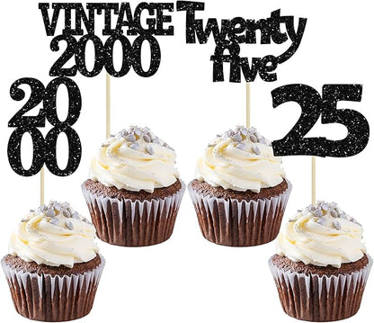Gyufise 24Pcs 25th Birthday Cupcake Toppers Glitter Twenty-five Vintage 2000 Cheers to 25 Cupcake Picks Hello 25 Years Birthday Cake Decoration for Happy 25th Birthday Anniversary Party Supplies Black