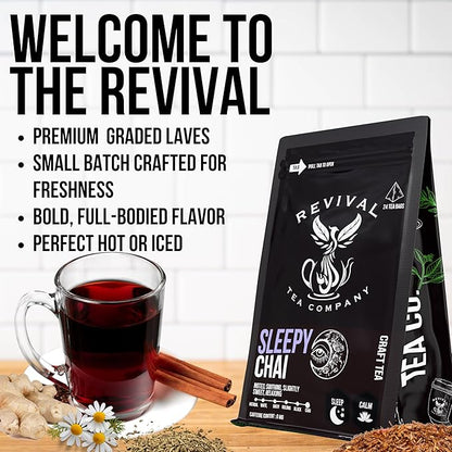 Revival Tea Company Sleepy Chai Tea - Rooibos Chai Tea Red Tea Blend with Valerian Root and Fresh Spiced Chai Flavor - Caffeine Free - 24 Tea Bags