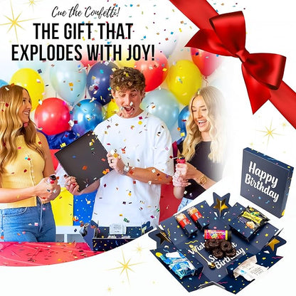 Explosion Gift Box with Treats – Premium Surprise Snack Box with Donuts, Cookies, Chips & More – Blank Design for Any Occasion – Party, Celebration, or Just Because Gift (Happy Birthday)
