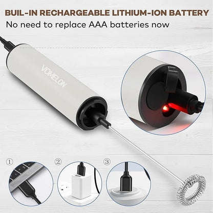 Milk Frother, Rechargeable Battery Operated Frother for Coffee,Portable Drink Mixer with 2 Stainless Steel Whisk Heads,Milk Foamer for Keto Coffee, Latte, Cappuccino, Hot Chocolate,White