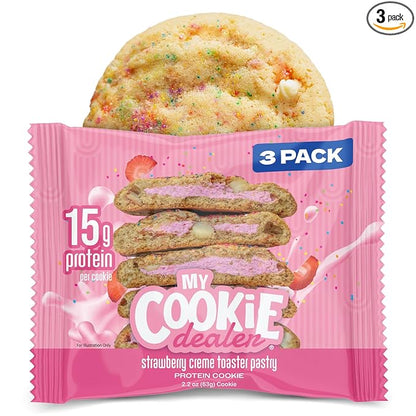 My Cookie Dealer Protein Cookies, Strawberry Creme (2.2oz, Pack of 3) - 15g Protein per Cookie - Individually Wrapped Workout Snacks for On-The-Go Travel