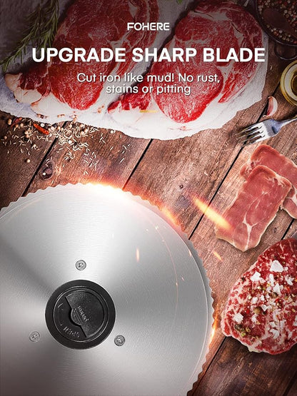 FOHERE 200W Meat Slicer Machine for Home, Electric Food Slicer with Two 7.5" Sharp Stainless Steel Blade(Serrated + Smooth) 0-15mm Precise Thickness Deli Meat Slicer for Bread Fruit Vegetable(Silver)