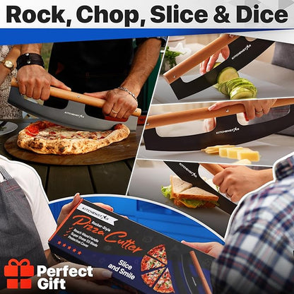KitchenStar 16-Inch Pizza Cutter Rocker Blade - Razor Sharp Stainless Steel Slicer Knife, Stylish Beech Wood Handle, Protective Cover - Professional Pizza Oven Accessories, Black