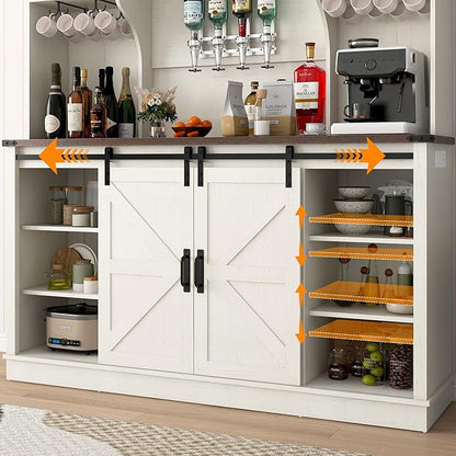 Farmhouse Coffee Bar Cabinet with Charging Station & Sliding Barn Doors - 63" W x 71" H Large Wine Rack, Built-in Liquor Dispenser, Glass/Mug Holders for Kitchen, Living Room, Hallway