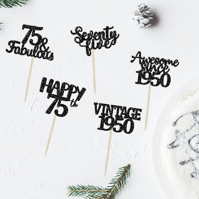 Gyufise 30 Pack black Glitter 75th Birthday Cupcake Toppers Vintage 1950 Cake Toppers Hello 75 Cake Topper Sixty Five 75 & Fabulous Cupcake Picks 75th Birthday Cake Decorations Supplies