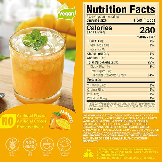 J WAY Instant Boba Bubble Pearl Mango Juice Drinks Kit with Authentic Crystal Tapioca Boba, Ready in Under One Minute, Paper Straws Included, 3 Servings
