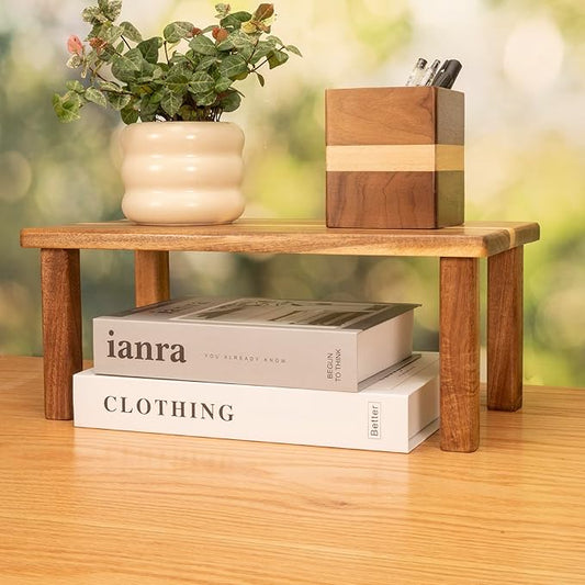 Acacia Wooden Desktop Organizer Shelf Kitchen Cabinet and Counter Riser Display Shelf for Top of Desk Home Office Bathroom Coffee Table Display Stand