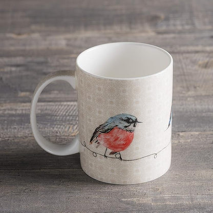 Maison d' Hermine Coffee Mug with Handles Fine Bone China Mugs Pack of One Tea Cups for Hot Beverages Cappuccino Latte Home Restaurant Office Perfect for Gift (Birdies On Wire - Robin, 12 Ounce)