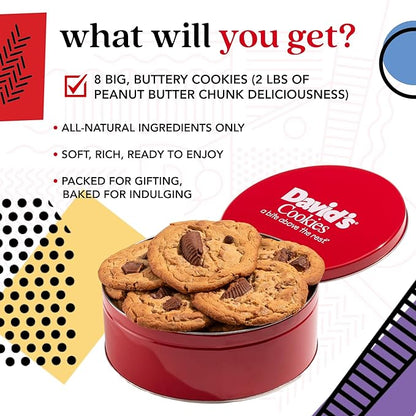 David's Cookies Peanut Butter Chunk Fresh-Baked Decadent Cookie Gift Basket Tin — Luscious Large Peanut Butter Cookies With No Added Preservatives — All-Natural Cookies — Ideal Gift for Corporate Birthday Fathers Mothers Day Get Well and Other Special ...