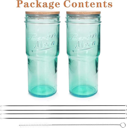 ANOTION Colored Glass Cups with Lids and Straws - 24oz Travel Coffee Mug Wide Mouth Mason Jar Iced Coffee Cup Smoothie Cup Glass Tumbler Tea Cup Clear Cute Water Cups Colorful Drinking Glasses