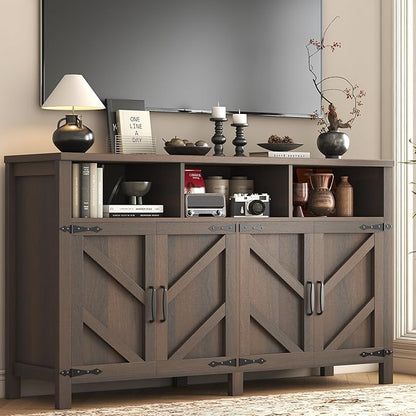 Buffet Sideboard with Storage Farmhouse with 4 Doors, 55'' Large Kitchen Storage Cabinet Wood Coffee Bar Cabinet Buffet Table with Shelves for Kitchen, Dining Room, Entryway (Brown, 55in)