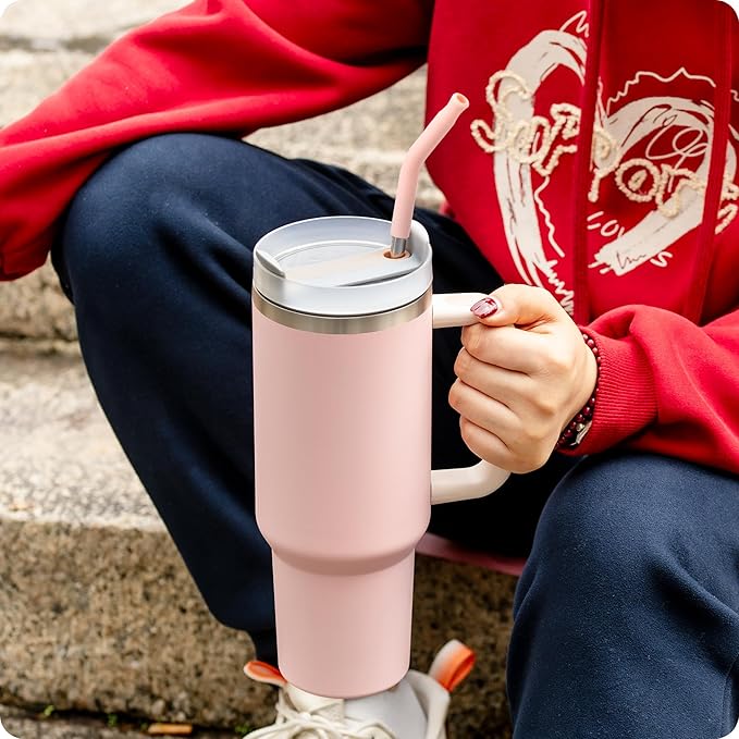 Snowfall Metal Straw for Stanley 40 OZ Tumbler, Long Reusable Stainless Steel Replacement Straws with Silicone Tip for Simple Modern 40 OZ Tumbler (Light Pink)