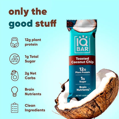 IQBAR Brain and Body Plant Protein Bars - Toasted Coconut Chip - 36-Count - Keto, Vegan, Low Carb, High Fiber, Gluten Free, Dairy Free, Low Sugar Snack with Nutrients for Focus, Energy, Meal Replacement