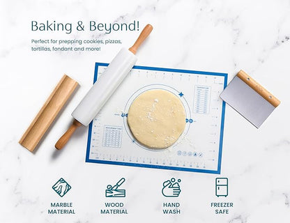 Kook Marble Rolling Pin Set, 18 Inch Rolling Pin with Beechwood Handles, Wooden Holder, Metal Scraper, Silicone Mat, Nonstick, for Baking Pizza Dough, Pastries, Tortillas