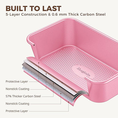 HONGBAKE 9-Piece Baking Pans Set Nonstick, Stackable Non Toxic Bakeware Sets with Diamond Texture, Oven Pan Set for Cooking, Includes Cookie Sheet with Rack, Cake Pan, Roasting Pan, Muffin Tin, Pink