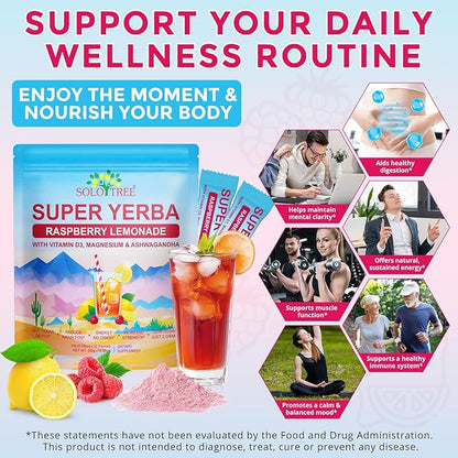 Yerba Mate Instant Tea Powder -Super Yerba Mate 30 Servings with Vitamin D3, Magnesium & Ashwagandha | Energy, Focus & Digestive Health | Low Sugar