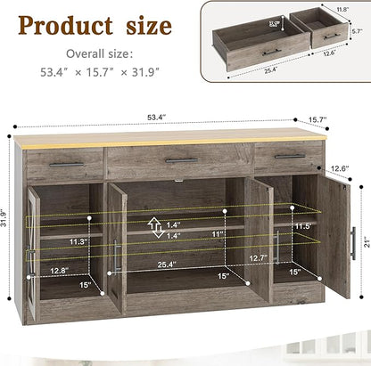Vongrasig 53" Large Sideboard Buffet Cabinet With 4 Doors and 3 Drawers, Farmhouse Coffee Bar Kitchen Storage Cabinet, Wood Table for Kitchen, Dining Room, Ash Grey