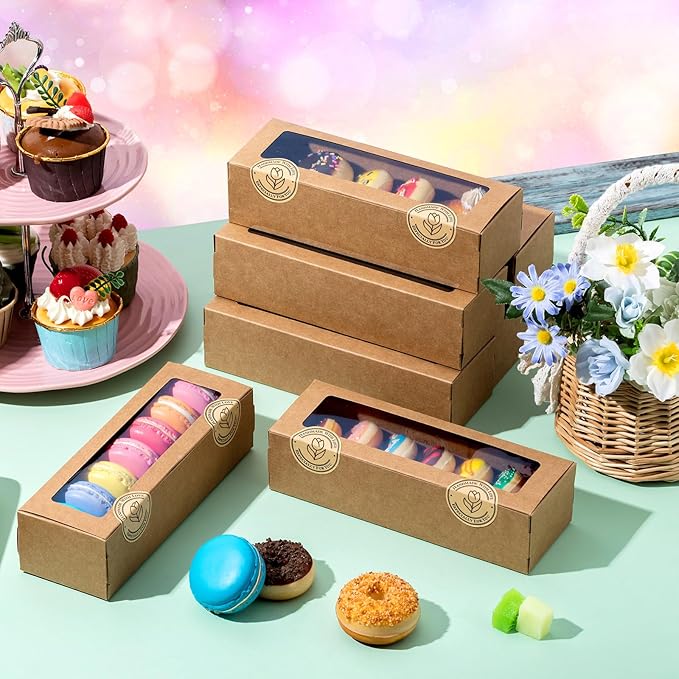 Sherr 50 Pcs Brown Macaron Boxes with Window, Cookies Boxes with 200 Pcs Stickers Long Bakery & Dessert Gifts Containers for Donuts, Pastry, Chocolate Covered Strawberry