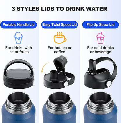 HYDROWION 32oz Stainless Steel Water Bottle(Cold for 48 Hrs, Hot for 24 Hrs), Double Wall Vacuum Insulated Water Bottle with Straw Lid, Spout Lid and Flex Cap, Fit in Any Car Cup Holder, Mint