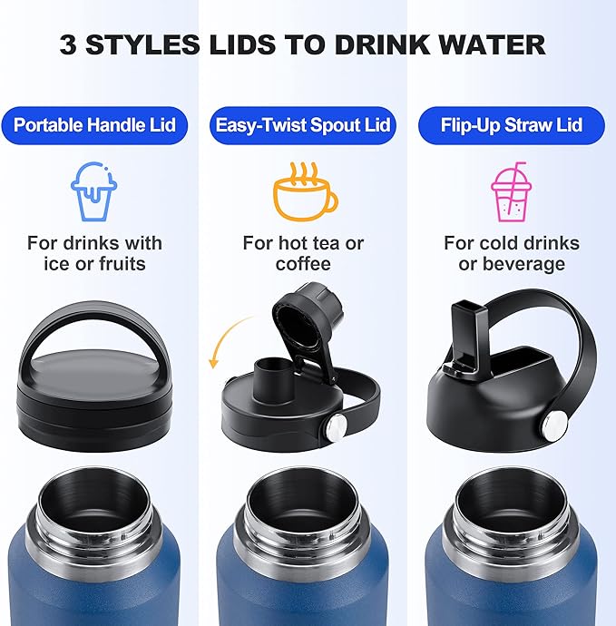 HYDROWION 32oz Stainless Steel Water Bottle(Cold for 48 Hrs, Hot for 24 Hrs),Double Wall Vacuum Insulated Water Bottle with Straw Lid, Spout Lid and Flex Cap, Fit in Any Car Cup Holder,Black