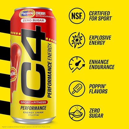 Cellucor C4 Energy Drink Cherry, Carbonated Sugar Free Pre Workout Performance Drink with no Artificial Colors or Dyes, 16 Oz, Pack of 24