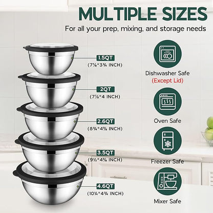 Stainless Steel Mixing Bowls with Black Lids, Metal Nesting Mixing Bowl Set of 5 - Size 1.5, 2, 2.6, 3.5, 4.6QT