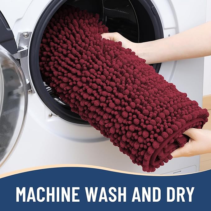 Arotive Luxury Chenille Bathroom Rug Mat, Extra Soft Thick Absorbent Shaggy Bath Rugs, Non-Slip Machine Wash Dry, Plush Bath Mats for Bathroom, Shower and Tub, 24x16, Burgundy