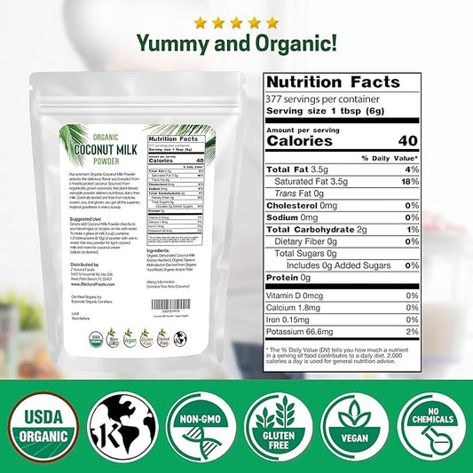Z Natural Foods Organic Coconut Milk Powder - All-Natural Vegan Dairy-Free Alternative with MCTs - Unsweetened Coconut Creamer for Coffee & Smoothies - Gluten-Free, Non-GMO, 5 lbs